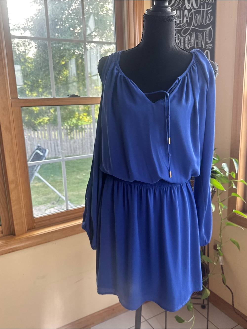 White House Black Market Royal Blue Long-Sleeve Tie-Neck Dress